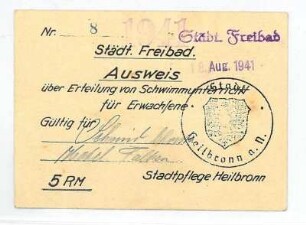 Ausweis des Städtischen Freibades [Neckarhalde] für Schwimmunterricht für Erwachsene