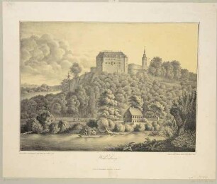 Das Schloss Wolkenburg (Limbach-Oberfrohna-Wolkenburg) südwestlich von Penig über der Zwickauer Mulde, Ansicht von Südosten, Reihe