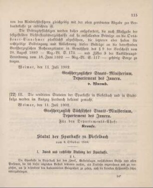 72. Ministerial-Bekanntmachung, betreffend die Statuten der Sparkasse zu Vieselbach und Stadtsulza
