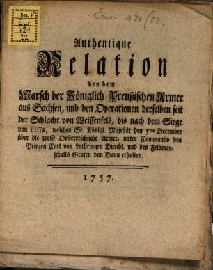 Authentische Relation von dem Marsch der Preußischen Armee aus Sachsen ...