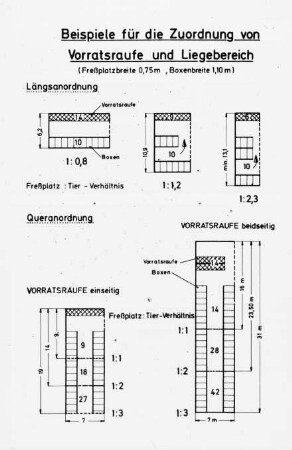 Beispiele für die Zuordnung von Vorratsraufe und Liegebereich (Freßplatzbreite 0,75 m, Boxenbreite 1,10 m)