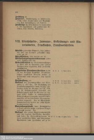 VII. Wirthschafts-, Inventar-, Bekleidungs- und Materialwesen, Drucksachen, Dienstvorschriften