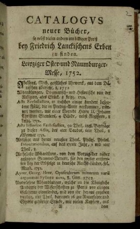Catalogvs neuer Bücher, so nebst vielen andern um billigen Preiß bey Friedrich Lanckischens Erben zu finden