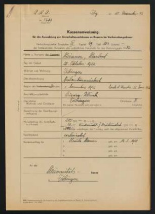 Kassenanweisung. 10.12.1952