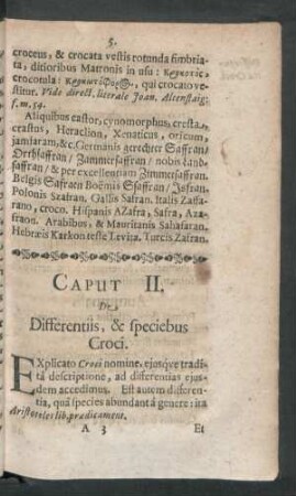 Caput II. De Differentiis, & speciebus Croci.