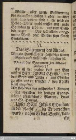 V. Das Sacrament des Altars. Wie ein Hauß-Vater dasselbige seinem Gesinde auffs einfältigste fürhalten soll