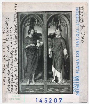 Hans Memling: Altarflügel mit Johannes dem Täufer und dem Hl. Laurentius. London, National Gallery
