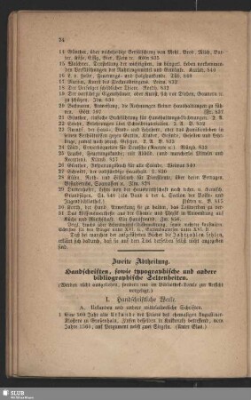 Zweite Abtheilung. Handschriften, sowie typographische und andere bibliographische Seltenheiten