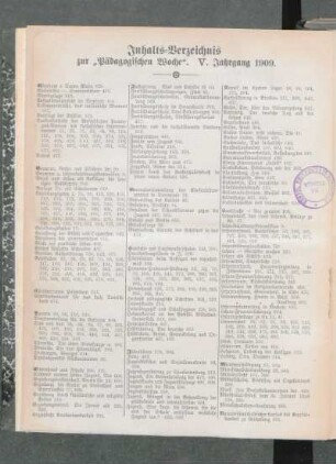 Inhalts-Verzeichnis zur "Pädagogischen Woche". V. Jahrgang 1909