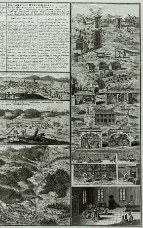 Prospecte des Harzwaldes (Cellerfeld, Clausthal, Wildemann) nebst...gebräuchlichen Bergwerksmaschinen : Harzprospekte mit Bergwerksmaschinen, um 1760