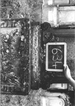 Grabstein 634 (Index: 99895281) Material: Sandstein Zustand: leicht bewachsen; Schriftplatte fehlt Maße HxBxT: 200x63x21 cm Beschreibung: Stele mit eingezogenem Rundbogenabschluss, kleiner Verdachung mit Mittelakroter; Sockel Symbolik: Rosengebinde, Bänder: Grabstein 634 (2)