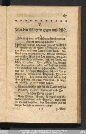 V. Von den Pflichten gegen uns selbst.