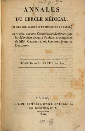 Annales du Cercle Médical. 1. 1820/21