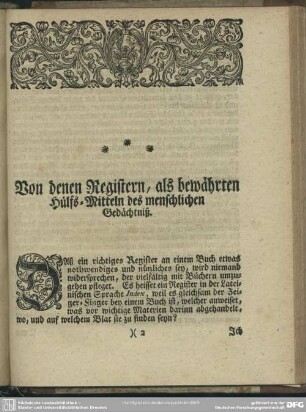 Von denen Registern, als bewährten Hülfs-Mitteln des menschlichen Gedächtniß