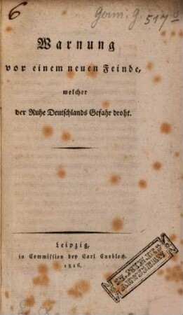 Warnung vor einem neuen Friede, welcher der Ruhe Deutschlands Gefahr droht