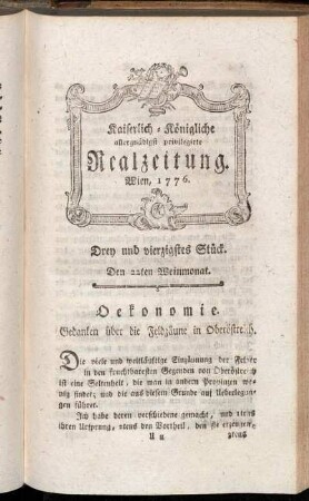 Drey und vierzigstes Stück. Den 22ten Weinmonat. Wien, 1776.