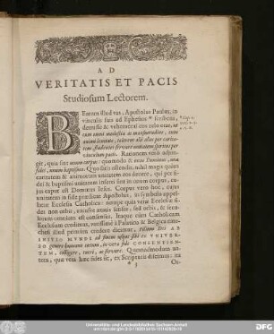 Ad Veritatis Et Pacis Studiosum Lectorem.