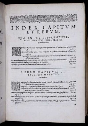 Index Capitum Et Rerum, Quae In His Supplementis Isagogicarum Ephemeridum continentur. Index Capitum Libelli De Mutatione aeris. Index Capitum Et Rerum, Compendii De Directionibus, Seu deductionibus significatorum ad suos promissores