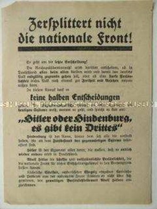 Wahlaufruf der NSDAP zur Reichspräsidentenwahl 1932 gegen die Zersplitterung der Stimmabgaben