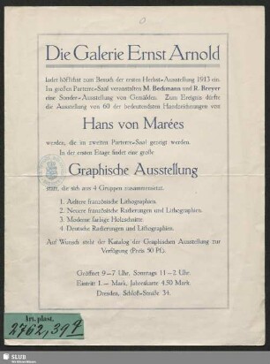 Die Galerie Ernst Arnold ladet höflichst zum Besuch der ersten Herbst-Ausstellung 1913 ein ...