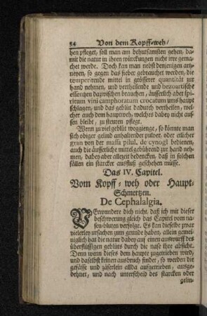 Das IV. Capitel. Vom Kopff-weh oder Haupt-Schmertzen. De Cephalalgia.