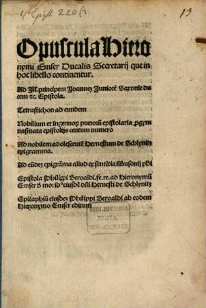 Opuscula Hieronymi Emser Ducalis Secretarij : que in hoc libello continentur