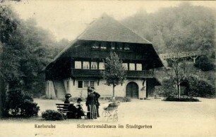 Postkartenalbum August Schweinfurth mit Karlsruher Motiven. "Karlsruhe - Schwarzwaldhaus im Stadtgarten"
