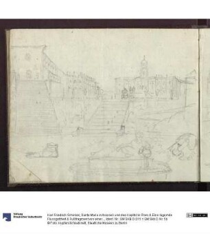 Santa Maria in Aracoeli und das Kapitol in Rom & Eine lagernde Flussgottheit & Fußfragment von einer Skulptur & Ein Löwenkopf