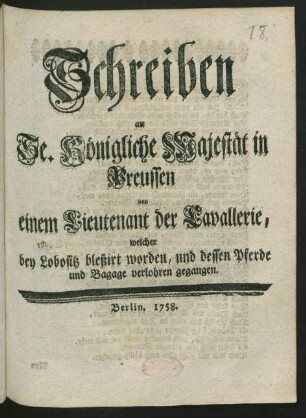 Schreiben an Se. Königliche Majestät in Preussen