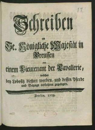 Schreiben an Se. Königliche Majestät in Preussen