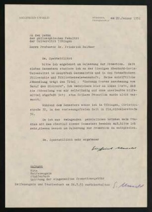 An Dekan: Bitte um Zulassung zur Promotion