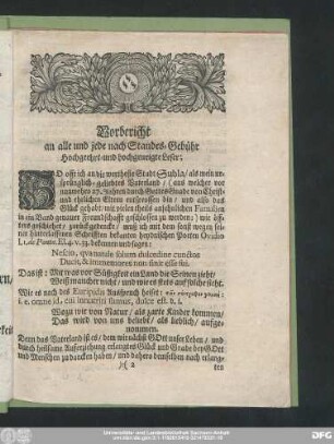 Vorbericht an alle und jede nach Standes-Gebühr Hochgeehrt- und hochgeneigte Leser;
