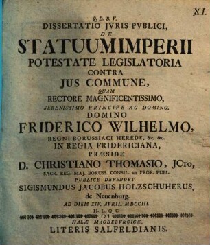 Dissertatio Jvris Pvblici, De Statuum Imperii Potestate Legislatoria Contra Jus Commune