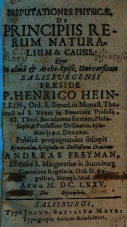 Disputationes Physicae, De Principiis Rerum Naturalium & Causis