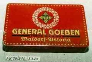 Blechdose für Stück 25 Zigaretten "GENERAL GOEBEN FRÜHER GIL D'OR Waldorf-Astoria"