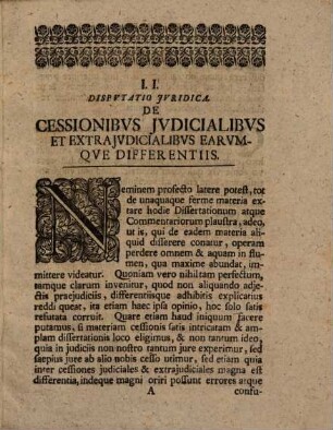Dispvtatio Ivridica De Cessionibvs Ivdicialibvs Et Extraivdicialibvs Earvmqve Differentiis