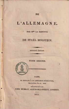 De l'Allemagne, 2. (1813). - 358 S.