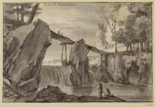 Landschaft mit hohen Felsen, über welche ein Steg führt
