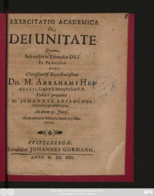 Exercitatio Academica De Dei Unitate