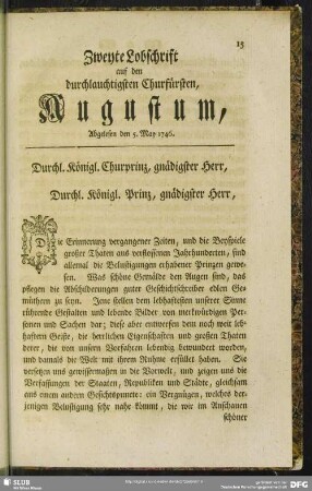 Zweyte Lobschrift auf den durchlauchtigsten Churfürsten, Augustum, Abgelesen den 5. May 1746