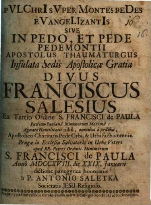 Dictio panegyrica in honorem S. Francisci Salesii