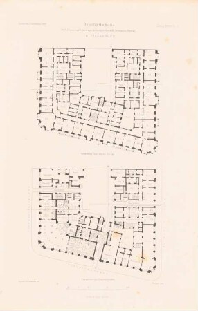 Geschäftshaus der Lebensversicherungsgesellschaft »Germania-Stettin«, Straßburg: Grundriss EG, 1.OG (aus: Atlas zur Zeitschrift für Bauwesen, hrsg. v. F. Endell, Jg. 37, 1887)
