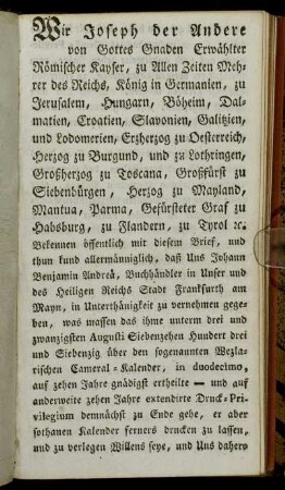 Wir Joseph der Andere von Gottes Gnaden Erwählter Römischer Kayser,[...]
