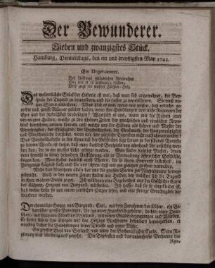 Sieben und zwanzigstes Stück. Hamburg, Donnerstags, den ein und dreyßigsten May 1742.