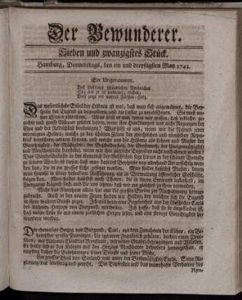 Sieben und zwanzigstes Stück. Hamburg, Donnerstags, den ein und dreyßigsten May 1742.