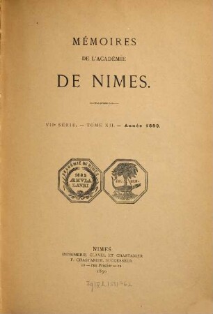 Mémoires de l'Académie de Nîmes. 12, 12. 1889 (1890)