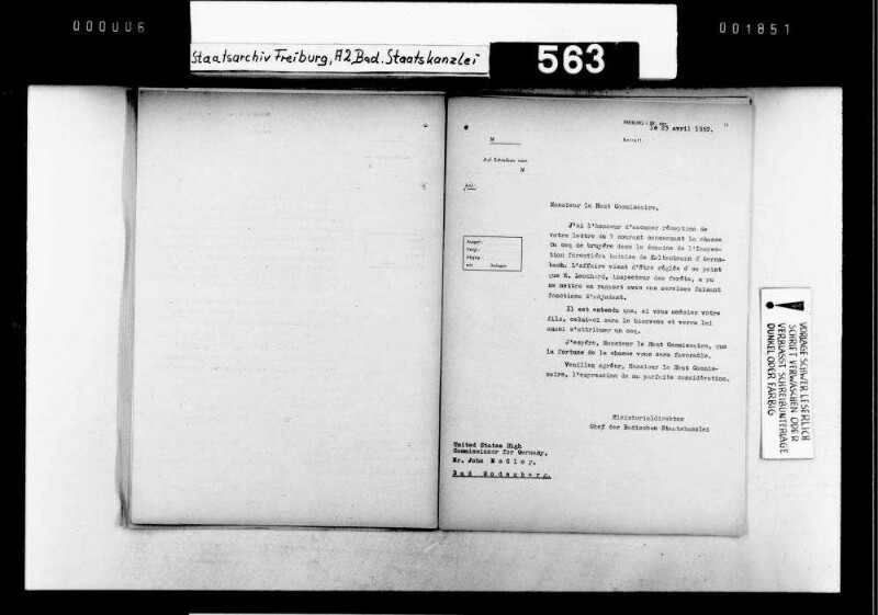 Abschuss von Auerhähnen durch Gäste des Staatspräsidenten (Generalkonsul Dr. Adolf Ammann, Regierungs- und Nationalrat Fritz Brechbühl, Ministerpräsident Kopf, Hochkommissar John McCloy und Sohn, Commandant en Chef en Allemagne General Noiret)