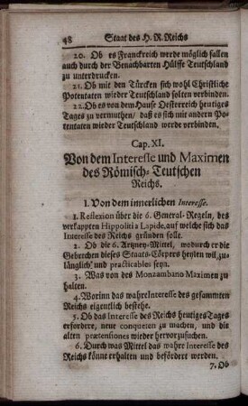 Cap. XI. Von dem Interesse und Maximen des Römisch-Teutschen Reichs.