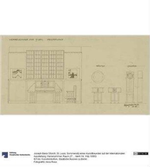 St. Louis, Sommersitz eines Kunstfreundes auf der internationalen Ausstellung, Herrenzimmer, Raum 27, Aufriss der Nordostwand, Aufrisse der Standuhr sowie Aufrisse und Grundriss des Rauchtisches