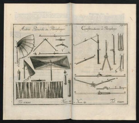 Autres Parasols ou Parapluyes. Num. 38. Tab. CXIII. Constructions de Parapluye. Num. 39 Tab. CXIV.